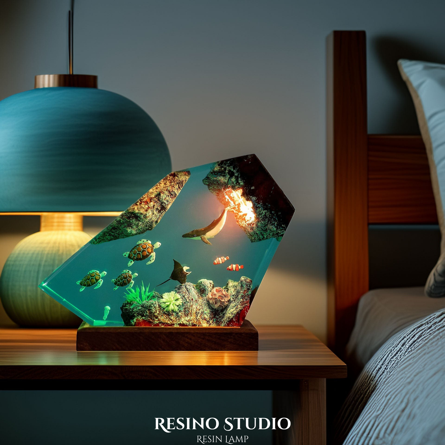 Orca & Sea Turtles Resin Lamp, Handmade Ocean Lamp