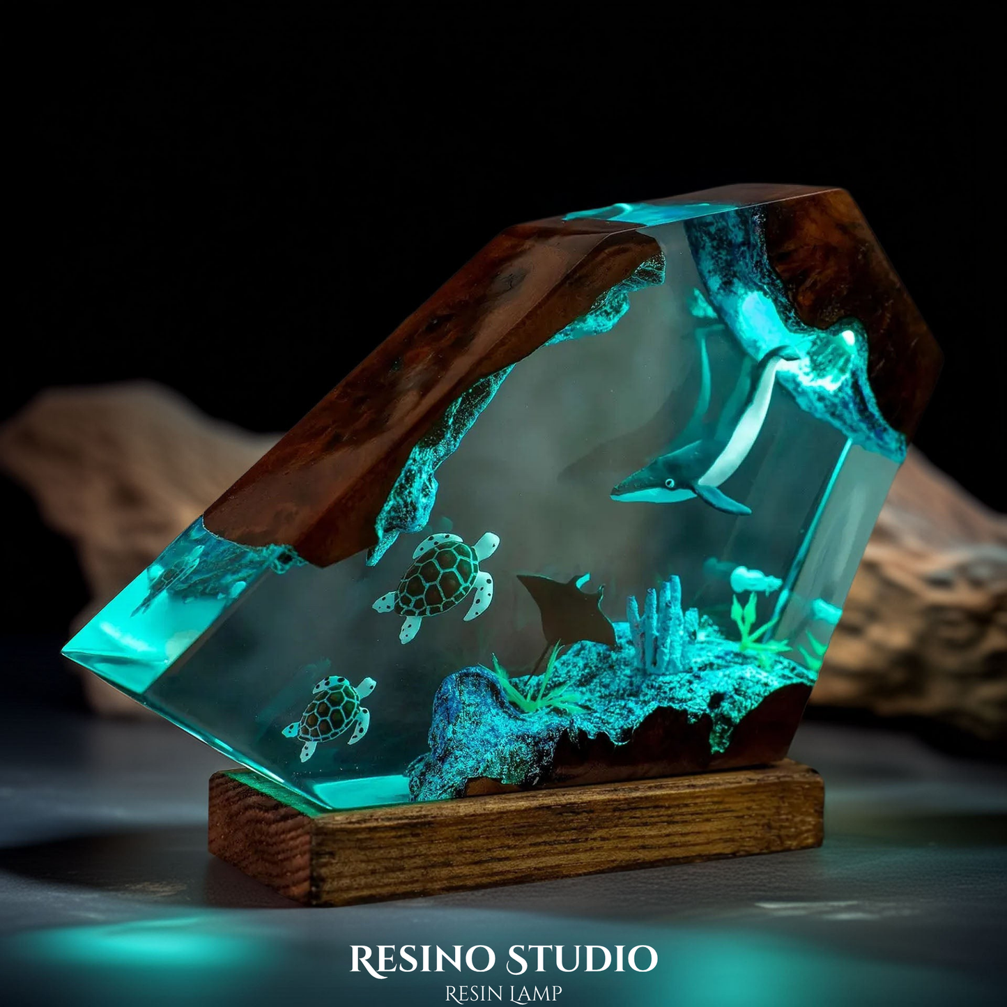 Orca & Sea Turtles Resin Lamp, Handmade Ocean Lamp