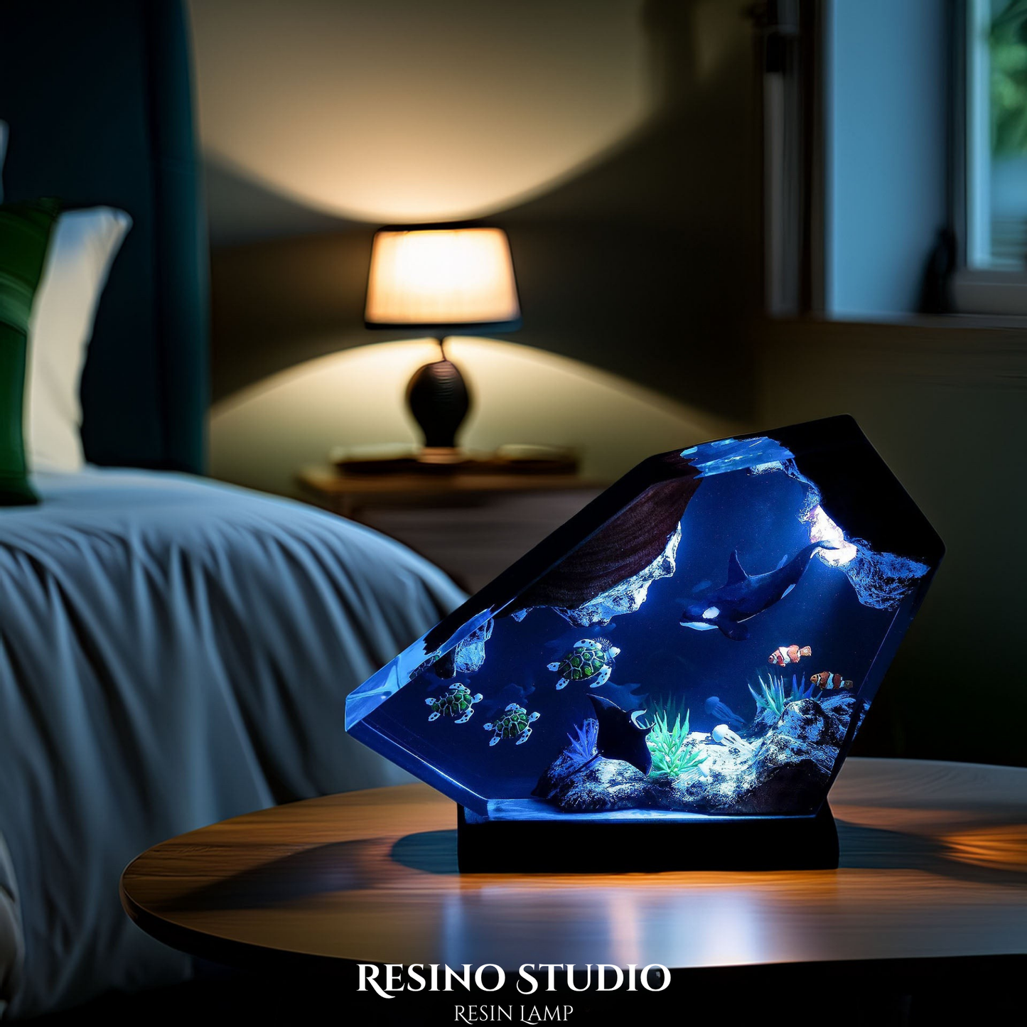 Orca & Sea Turtles Reef Resin Lamp, Handmade Ocean Lamp