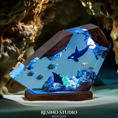 Orca & Sea Turtles Reef Resin Lamp, Handmade Ocean Lamp