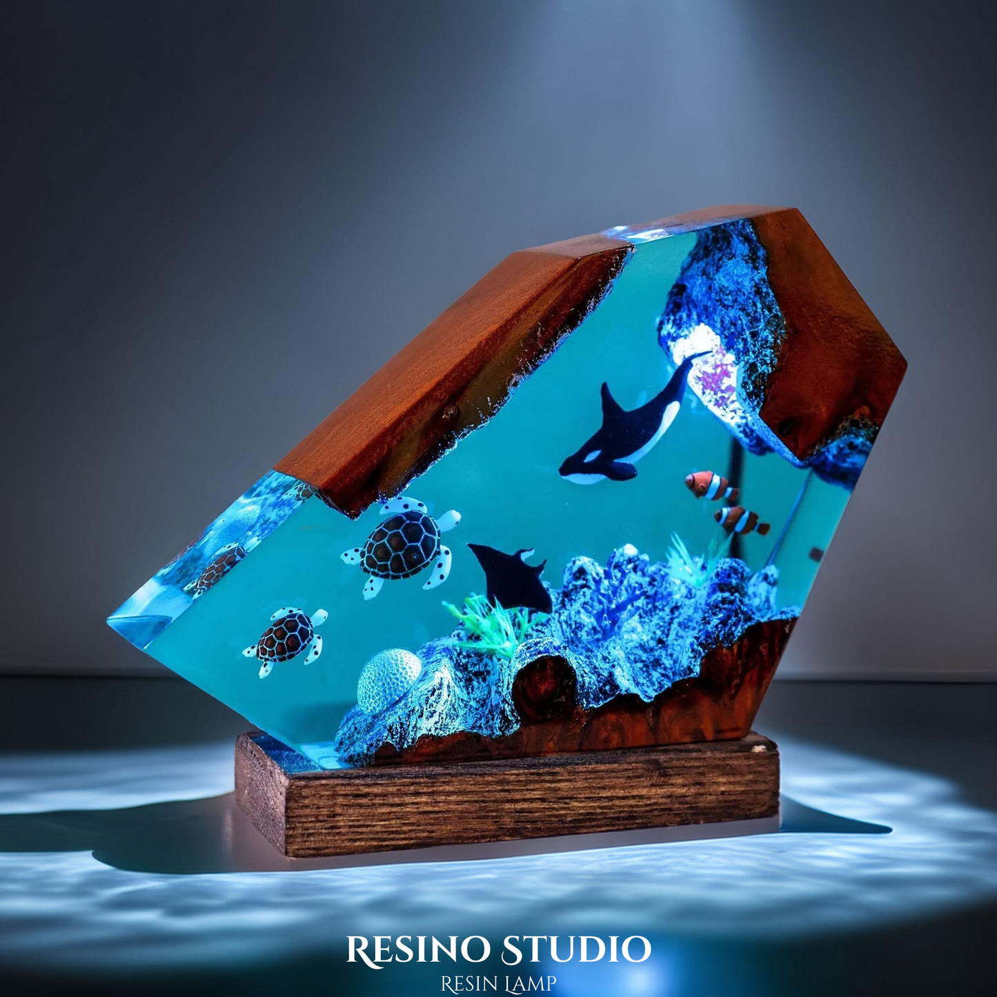 Orca & Sea Turtles Reef Resin Lamp, Handmade Ocean Lamp