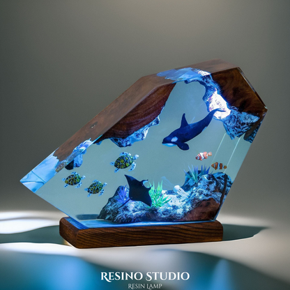 Orca & Sea Turtles Reef Resin Lamp, Handmade Ocean Lamp