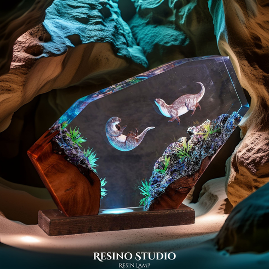 Sea Otters Resin Lamp, Handmade Ocean Lamp