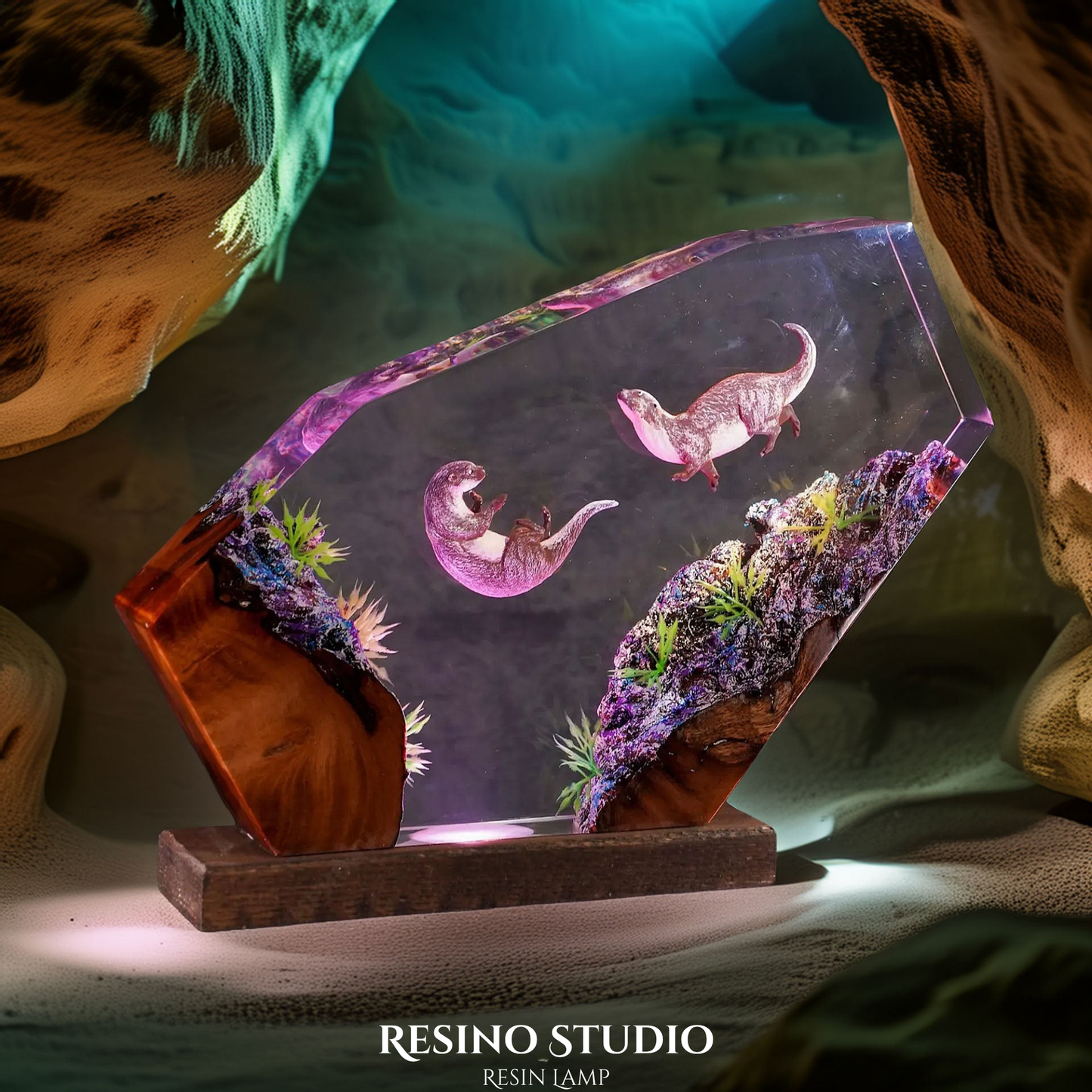 Sea Otters Resin Lamp, Handmade Ocean Lamp