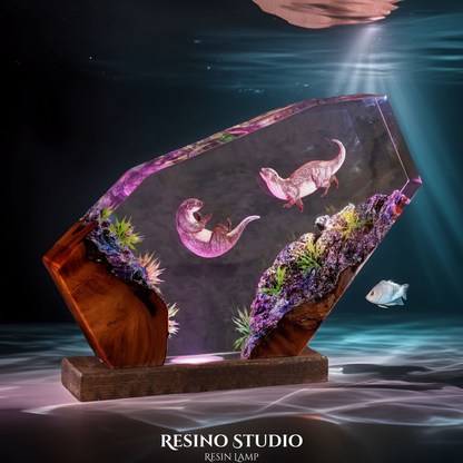 Sea Otters Resin Lamp, Handmade Ocean Lamp