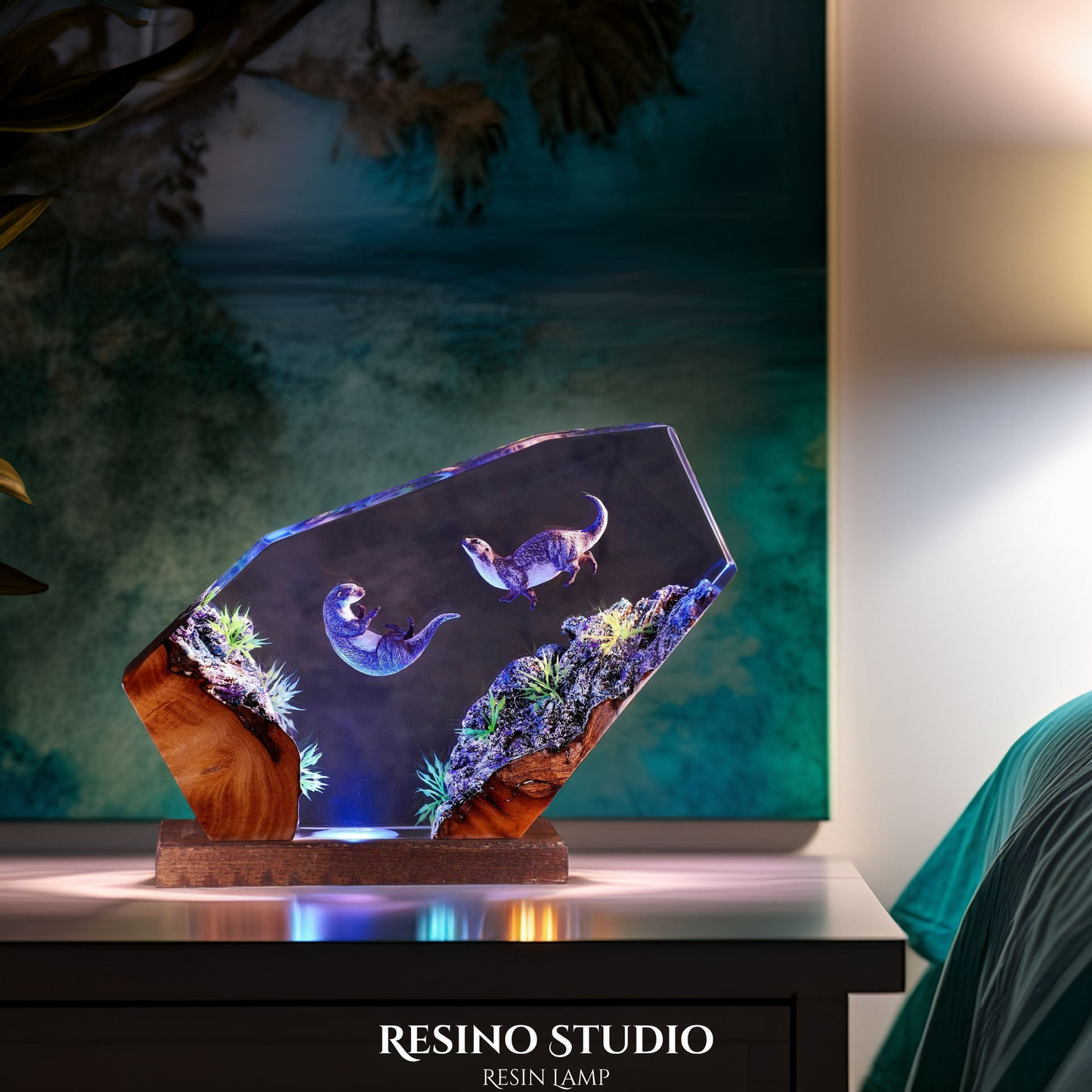 Sea Otters Resin Lamp, Handmade Ocean Lamp