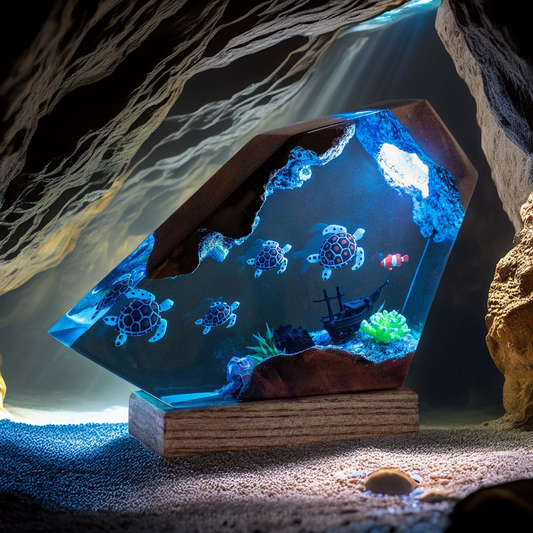 Sea Turtle Family Resin Lamp, Handmade Ocean Lamp