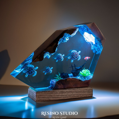 Sea Turtle Family Resin Lamp, Handmade Ocean Lamp