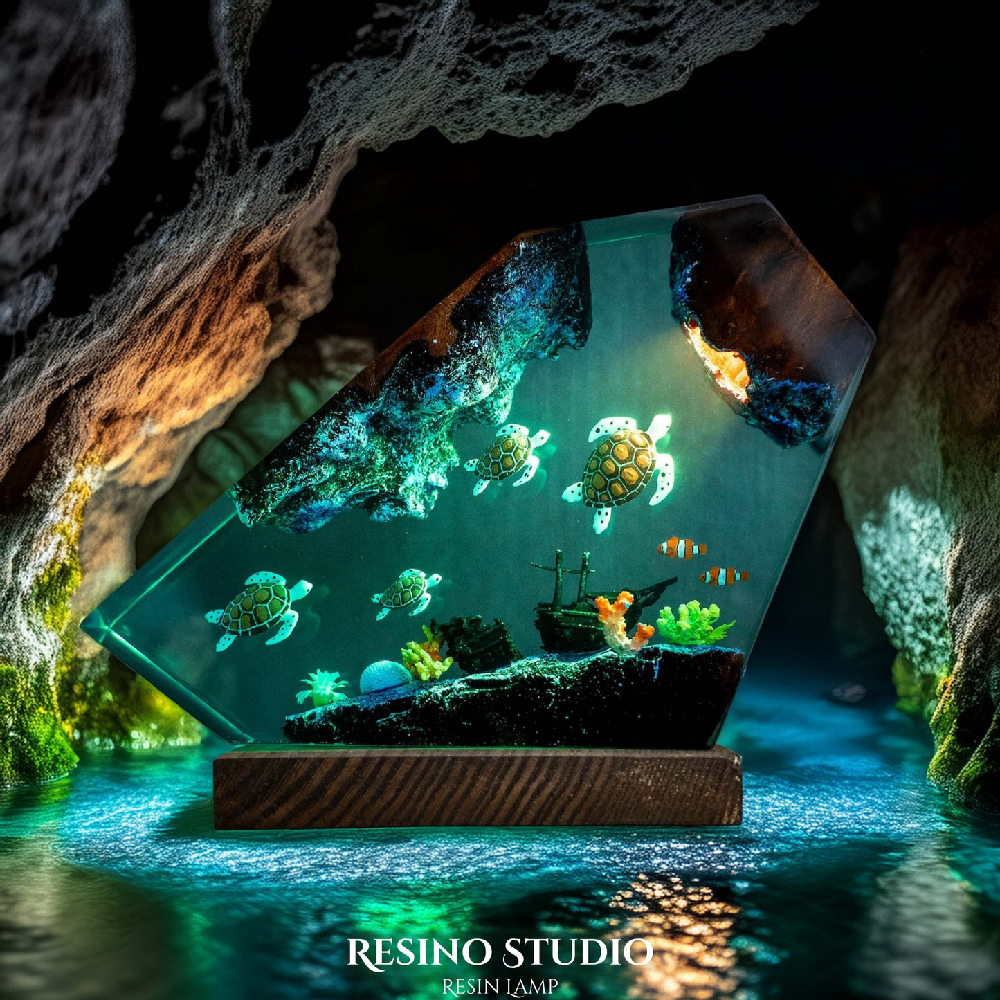 Sea Turtle Family Resin Lamp, Handmade Ocean Lamp