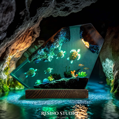 Sea Turtle Family Resin Lamp, Handmade Ocean Lamp