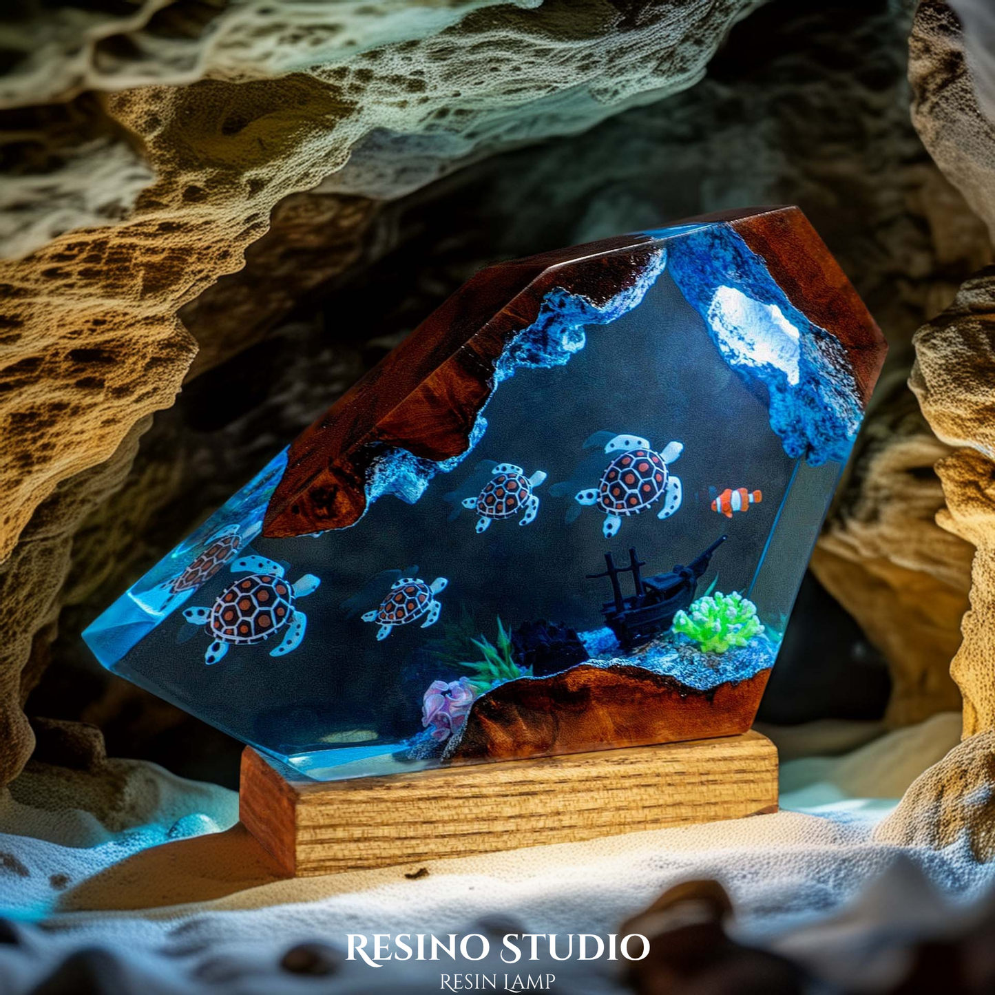 Sea Turtle Family Resin Lamp, Handmade Ocean Lamp