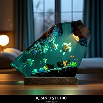 Sea Turtle Family Resin Lamp, Handmade Ocean Lamp
