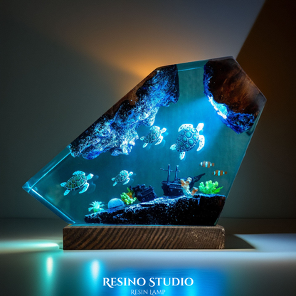 Sea Turtle Family Resin Lamp, Handmade Ocean Lamp