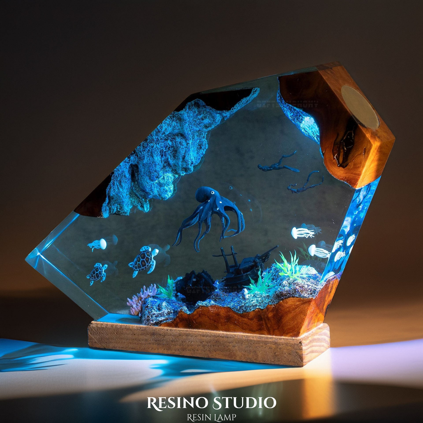 Deep Sea Octopus & Divers Resin Lamp, Handmade Ocean Lamp