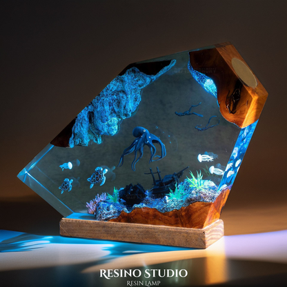 Deep Sea Octopus & Divers Resin Lamp, Handmade Ocean Lamp