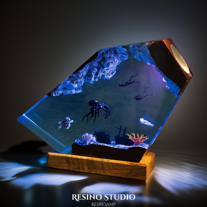 Deep Sea Octopus & Divers Resin Lamp, Handmade Ocean Lamp