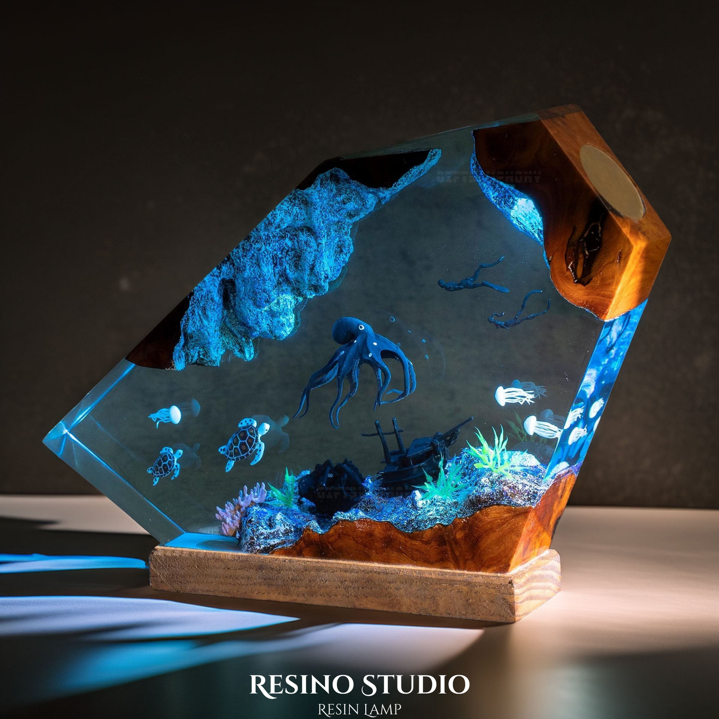 Deep Sea Octopus & Divers Resin Lamp, Handmade Ocean Lamp