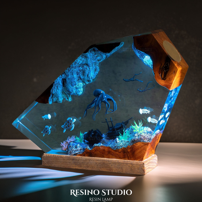 Deep Sea Octopus & Divers Resin Lamp, Handmade Ocean Lamp