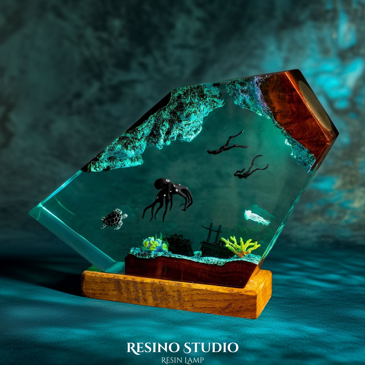 Deep Sea Octopus & Divers Resin Lamp, Handmade Ocean Lamp