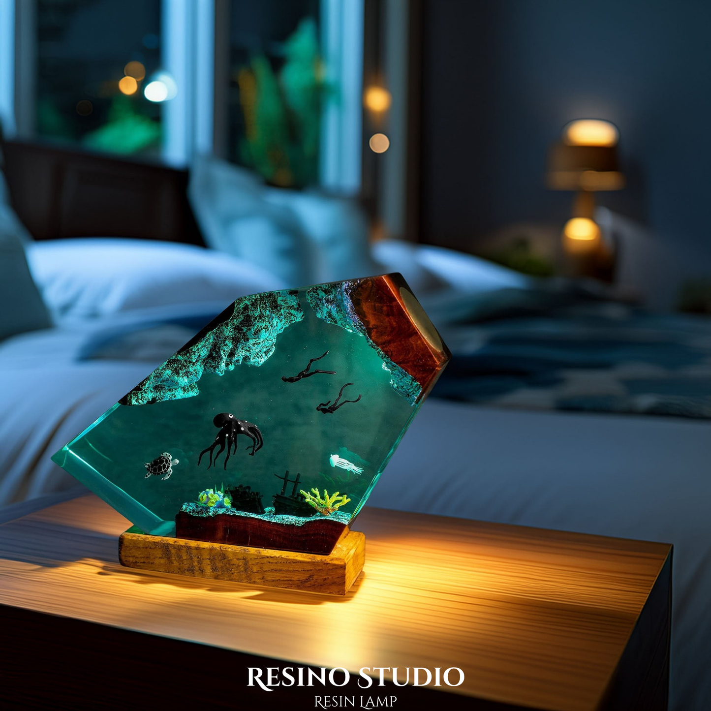 Deep Sea Octopus & Divers Resin Lamp, Handmade Ocean Lamp