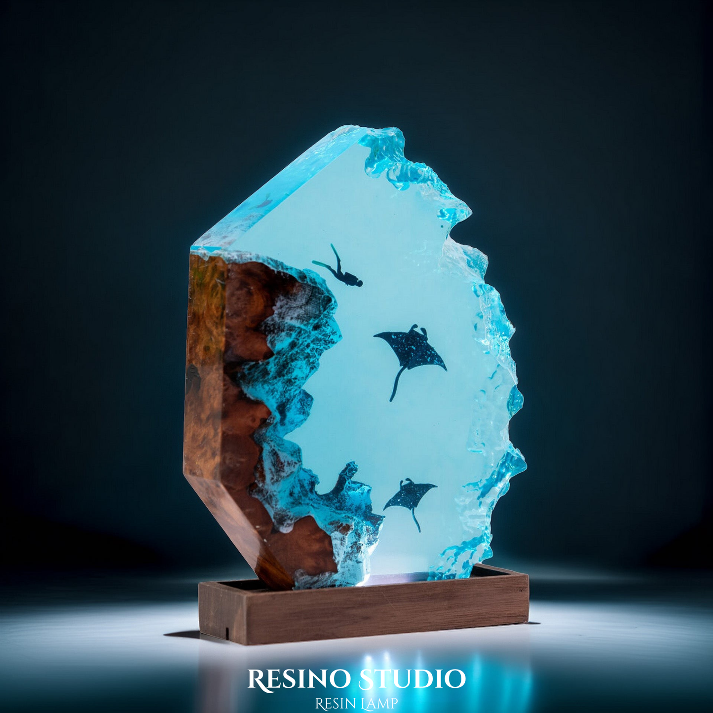 Ocean Depths Manta Ray Resin Lamp, Handmade Ocean Lamp