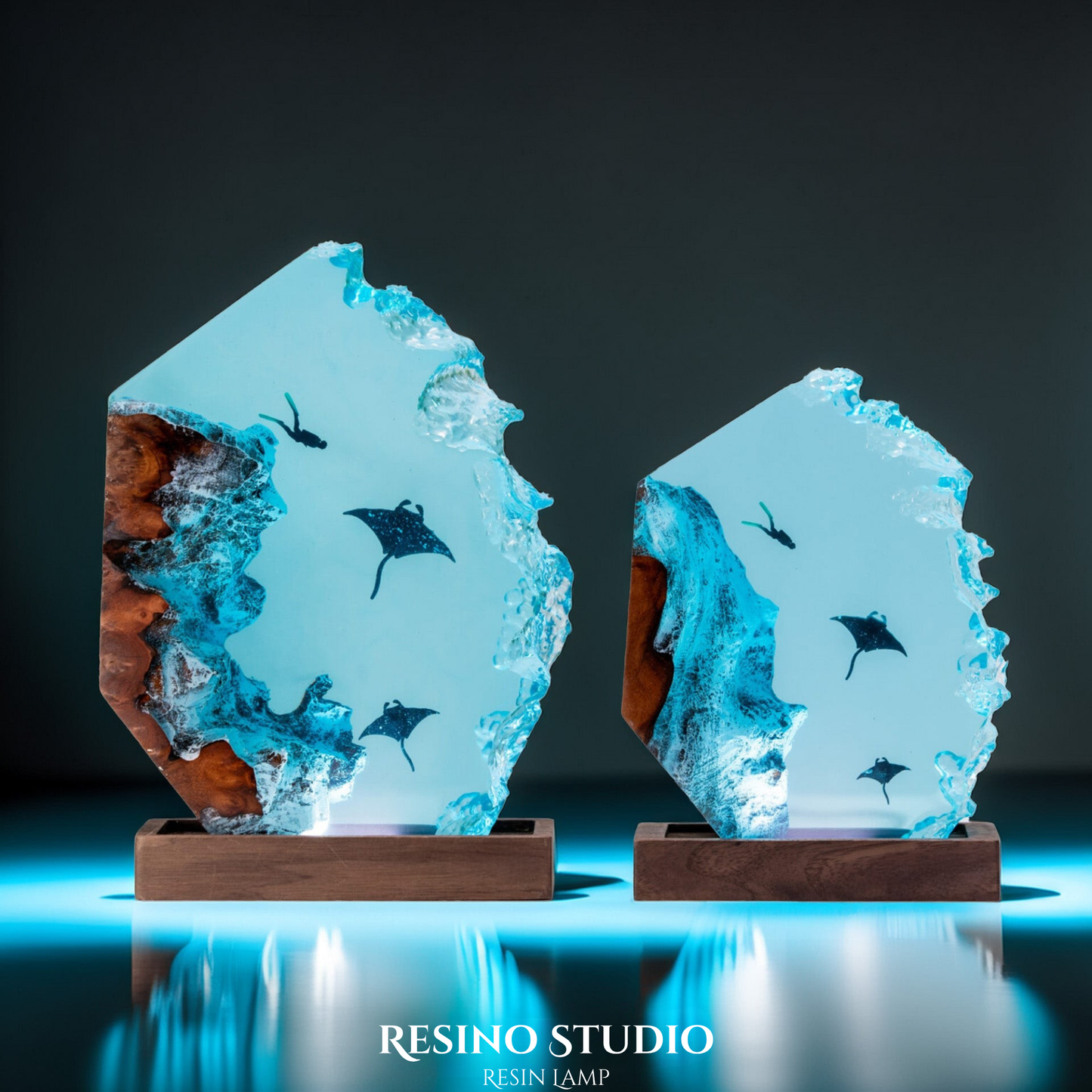 Ocean Depths Manta Ray Resin Lamp, Handmade Ocean Lamp
