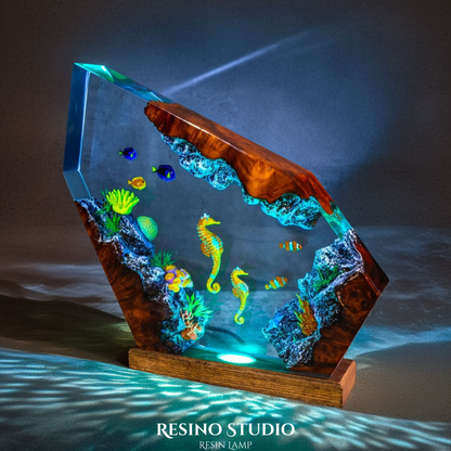 Twin Seahorses Resin Lamp, Handmade Ocean Lamp