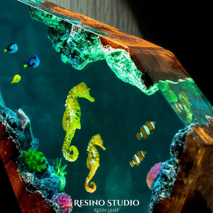 Twin Seahorses Resin Lamp, Handmade Ocean Lamp