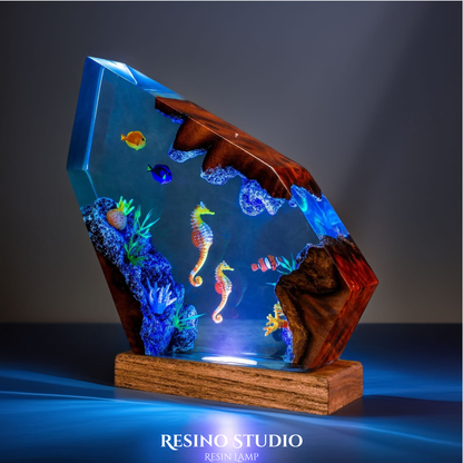 Twin Seahorses Resin Lamp, Handmade Ocean Lamp
