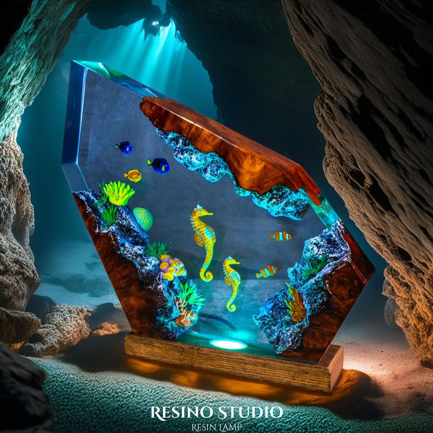 Twin Seahorses Resin Lamp, Handmade Ocean Lamp