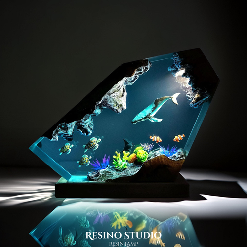Whale and Turtles Reef Cove Resin Lamp, Handmade Ocean Lamp