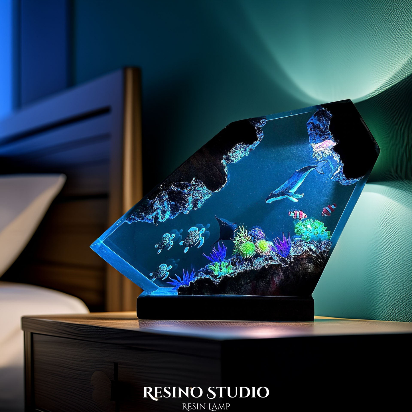 Whale and Turtles Reef Cove Resin Lamp, Handmade Ocean Lamp
