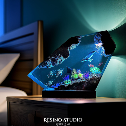 Whale and Turtles Reef Cove Resin Lamp, Handmade Ocean Lamp