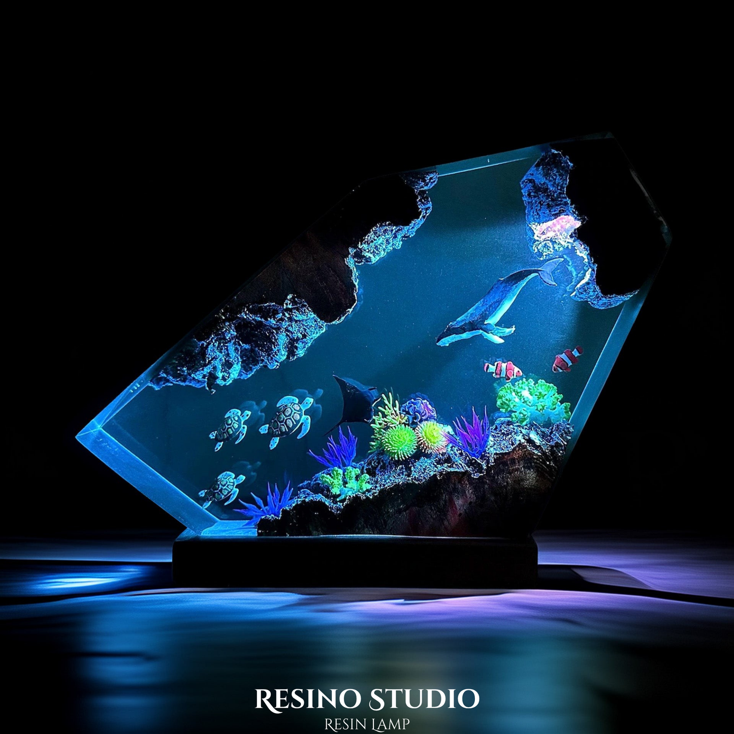 Whale and Turtles Reef Cove Resin Lamp, Handmade Ocean Lamp