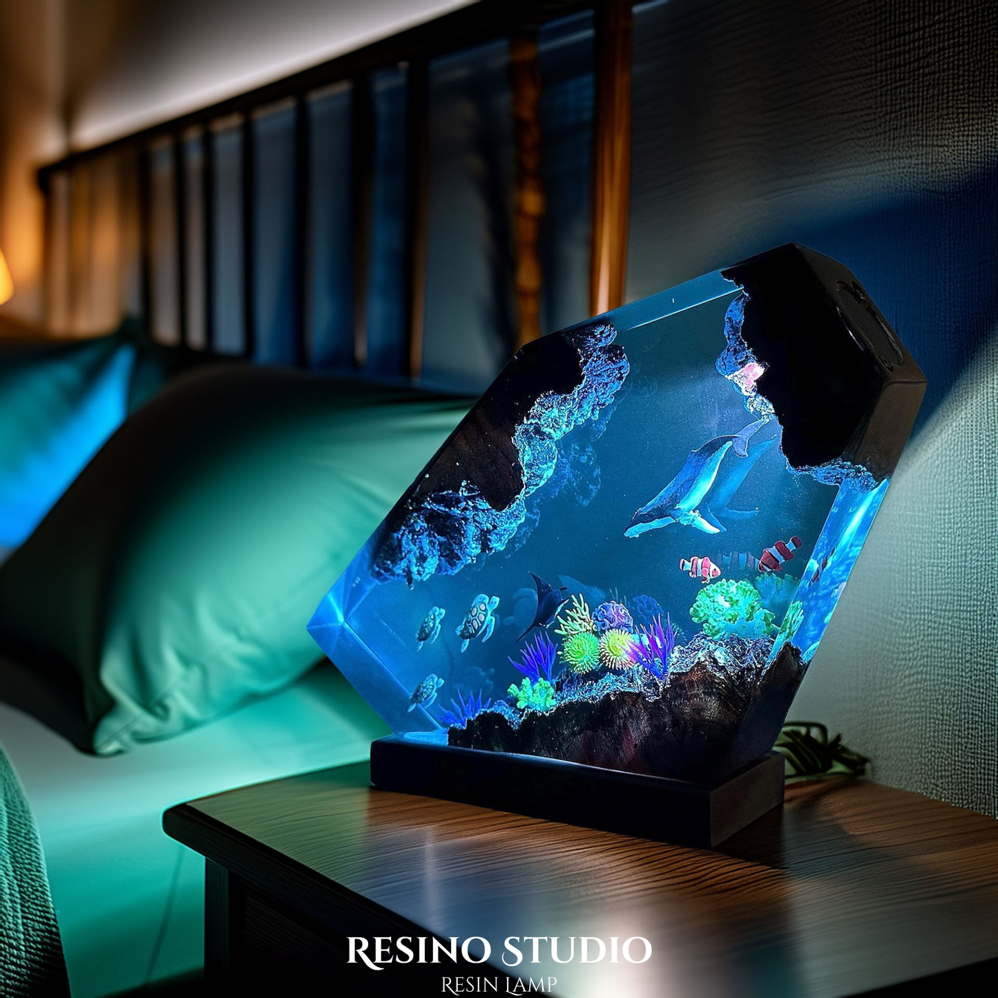 Whale and Turtles Reef Cove Resin Lamp, Handmade Ocean Lamp