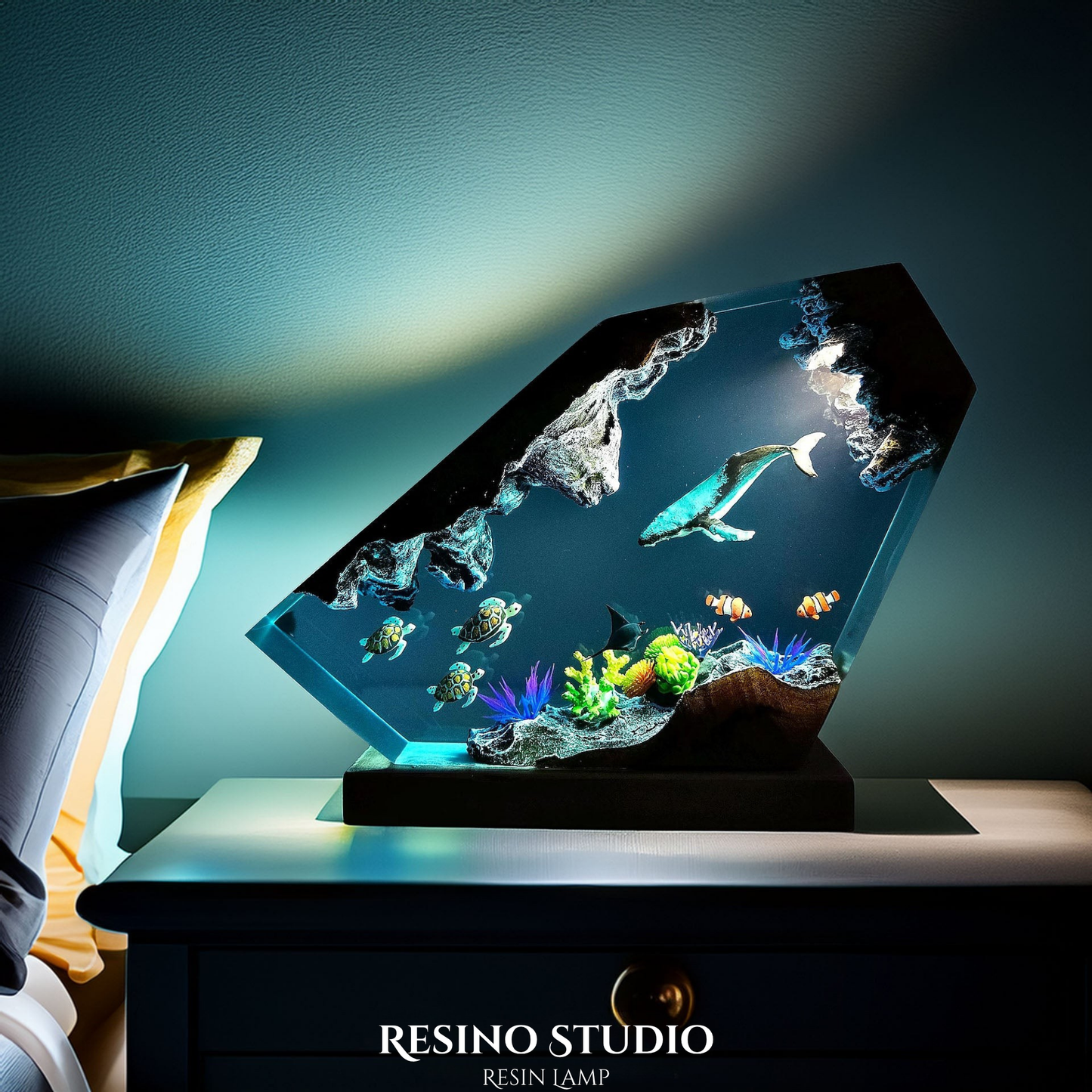 Whale and Turtles Reef Cove Resin Lamp, Handmade Ocean Lamp