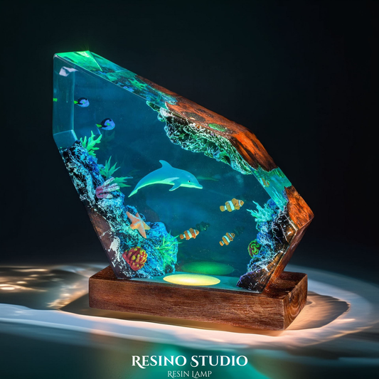Dolphin and Clownfish Resin Lamp, Handmade Ocean Lamp