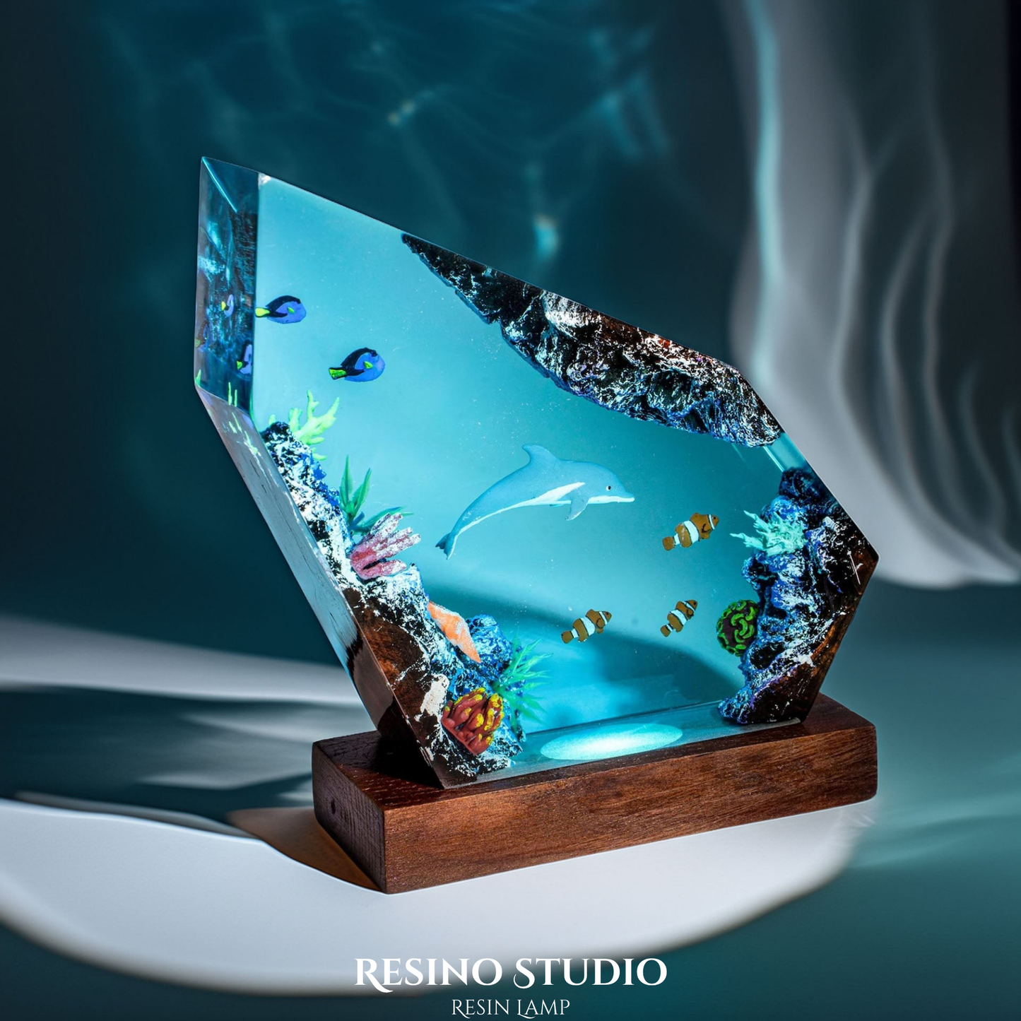 Dolphin and Clownfish Resin Lamp, Handmade Ocean Lamp