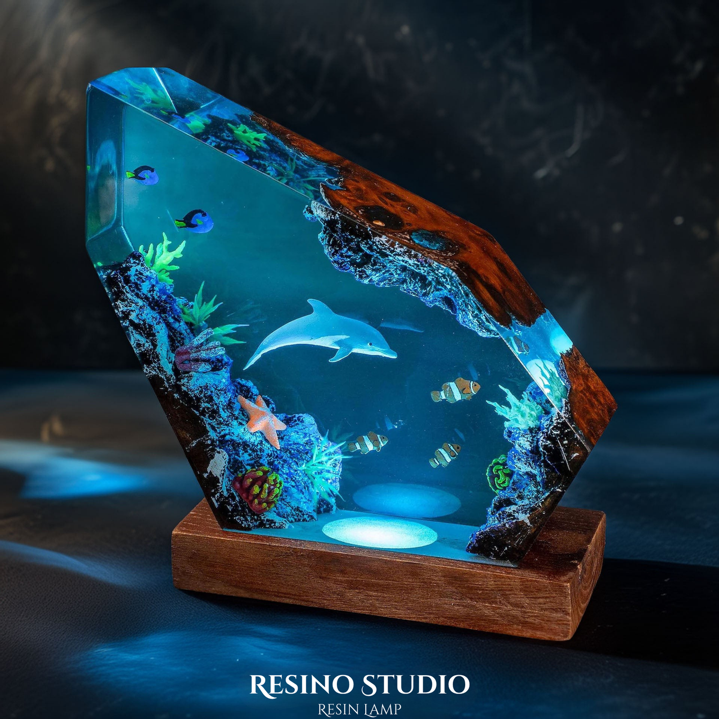Dolphin and Clownfish Resin Lamp, Handmade Ocean Lamp