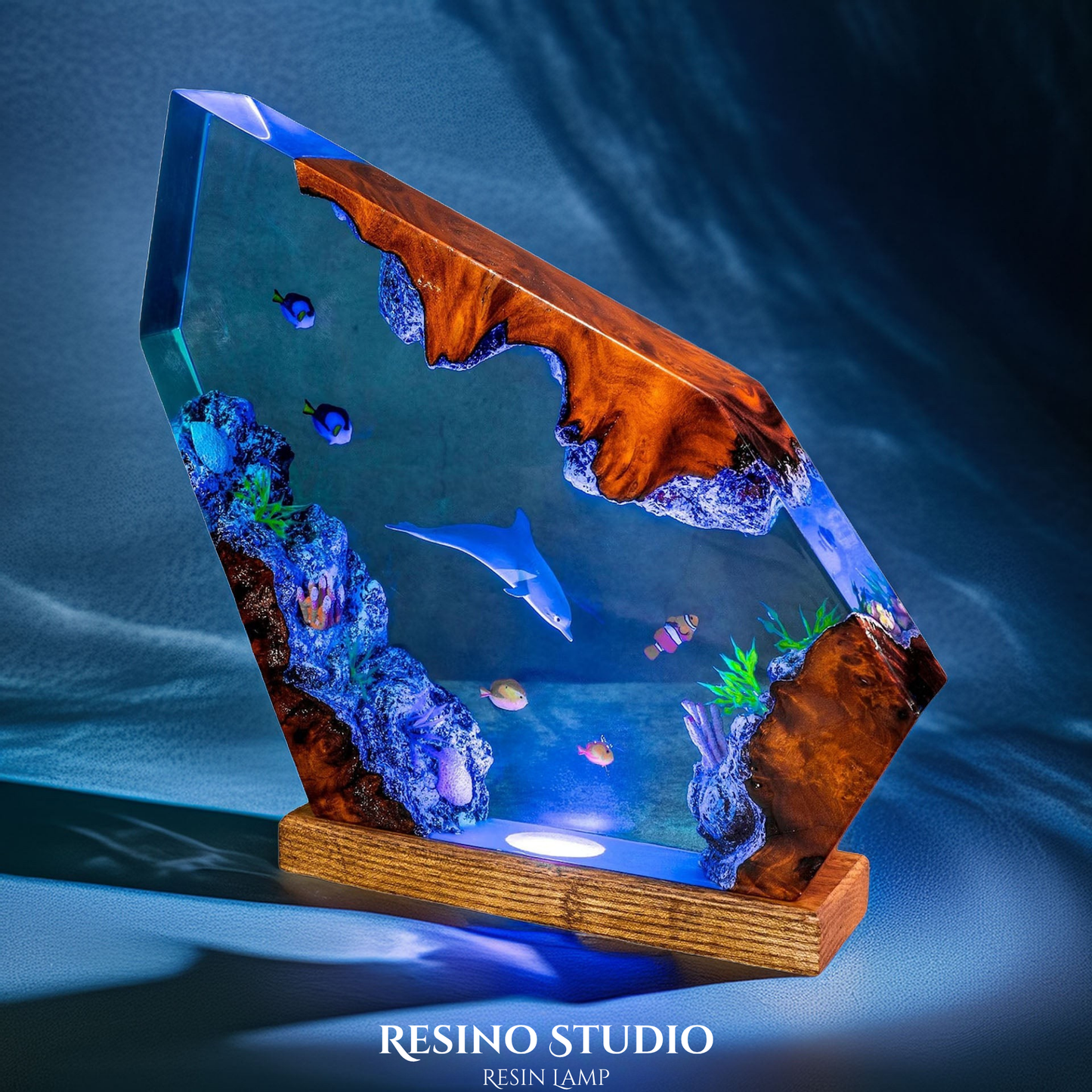 Dolphin and Clownfish Resin Lamp, Handmade Ocean Lamp