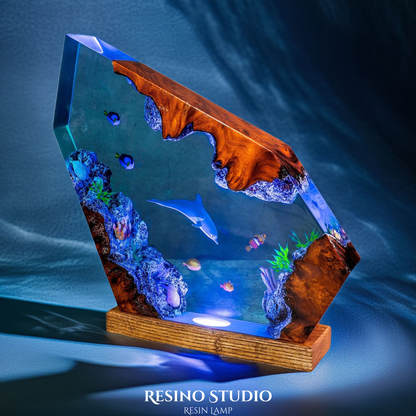 Dolphin and Clownfish Resin Lamp, Handmade Ocean Lamp
