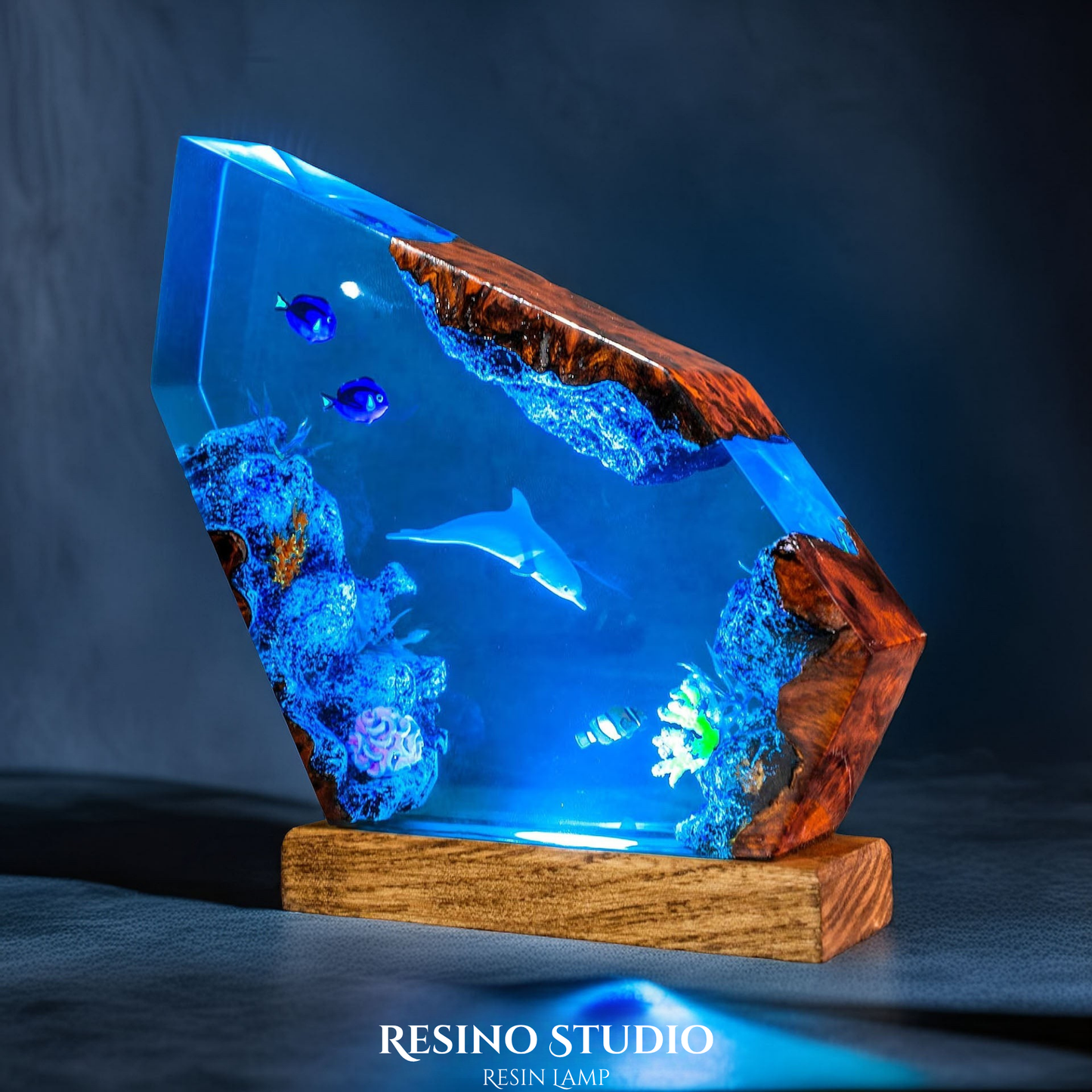 Dolphin and Clownfish Resin Lamp, Handmade Ocean Lamp