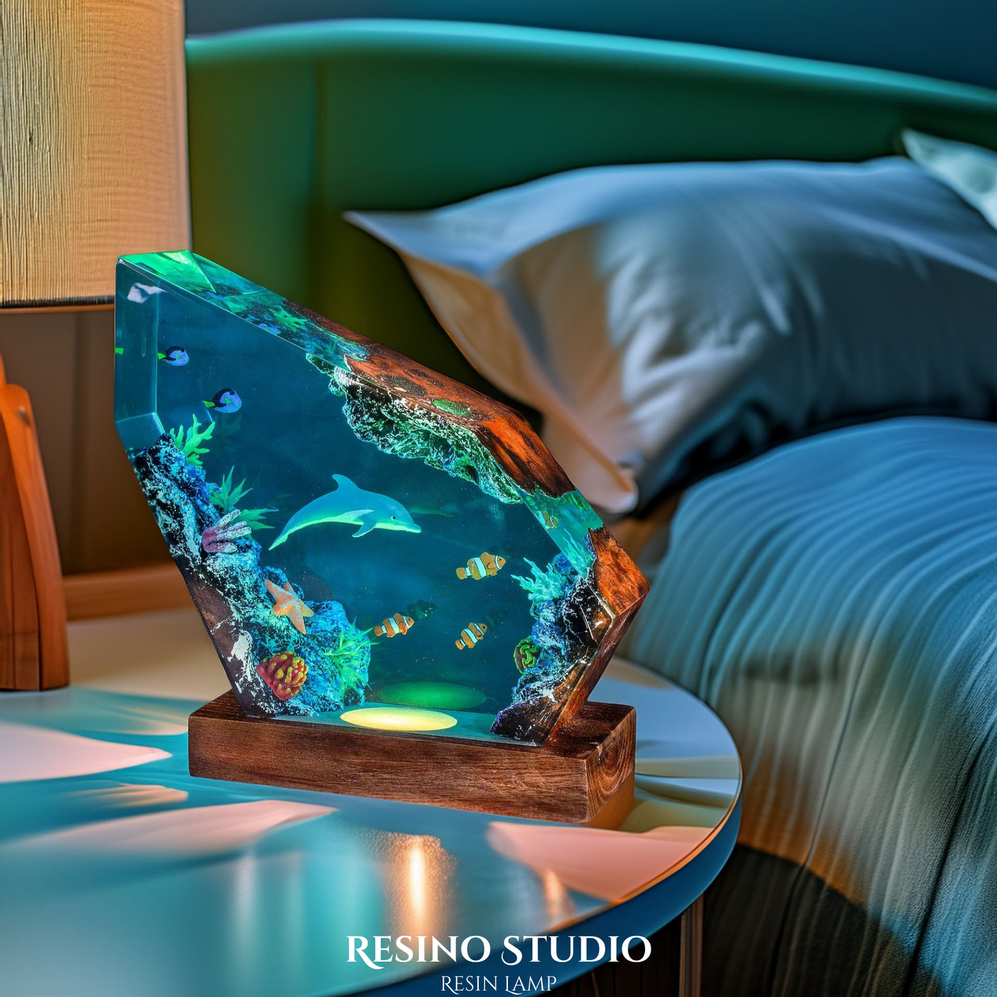 Dolphin and Clownfish Resin Lamp, Handmade Ocean Lamp