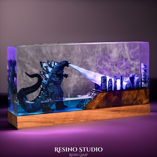 Godzilla City Rampage Resin Lamp, Wood Epoxy Night Light