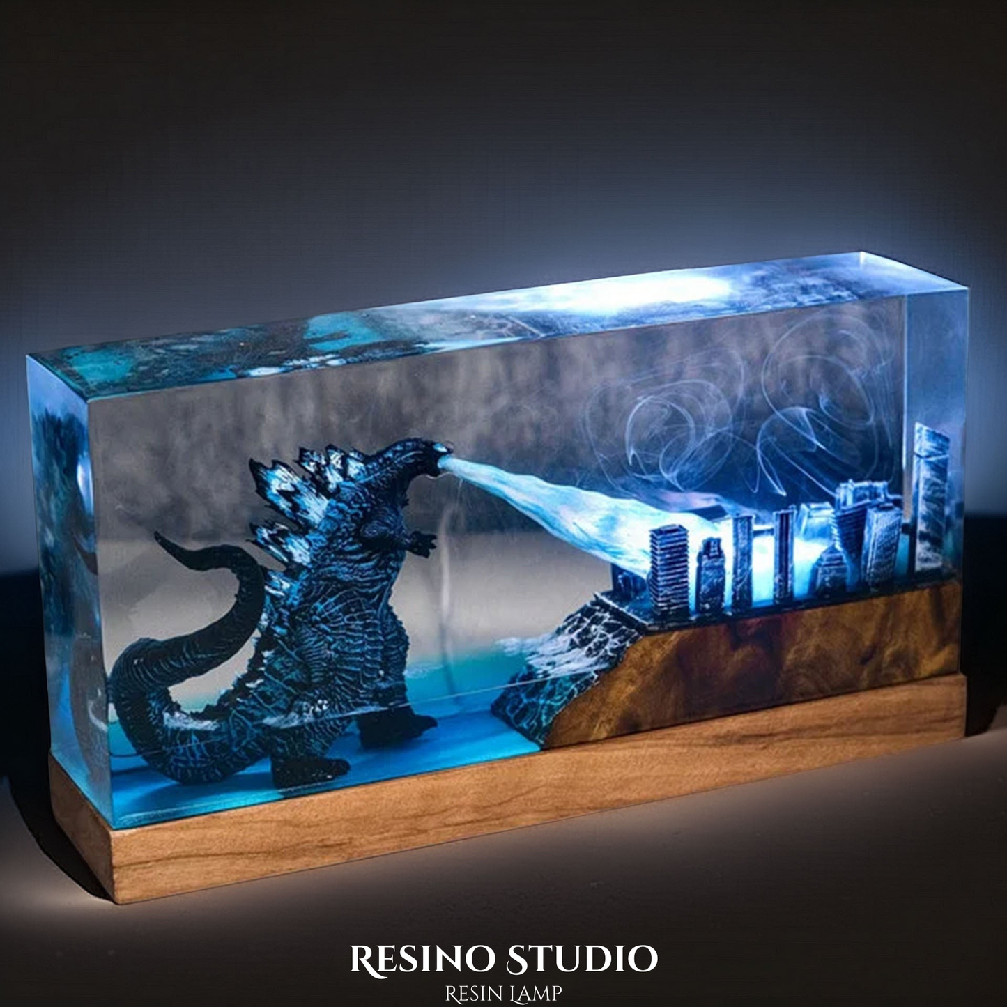 Godzilla City Rampage Resin Lamp, Wood Epoxy Night Light