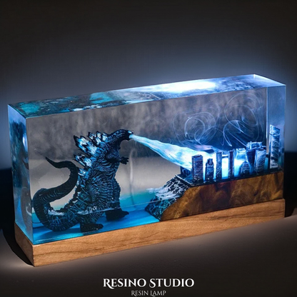 Godzilla City Rampage Resin Lamp, Wood Epoxy Night Light