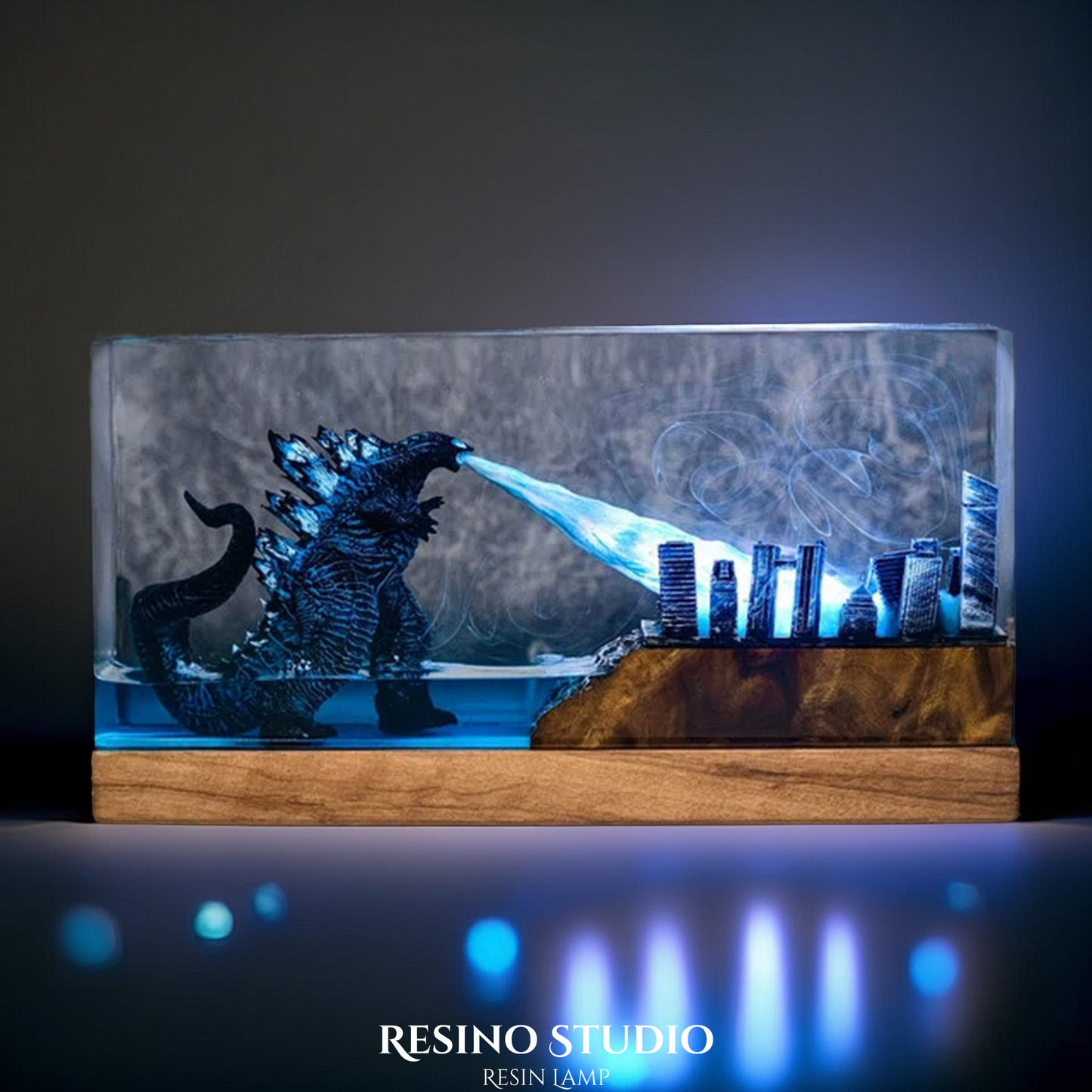 Godzilla City Rampage Resin Lamp, Wood Epoxy Night Light