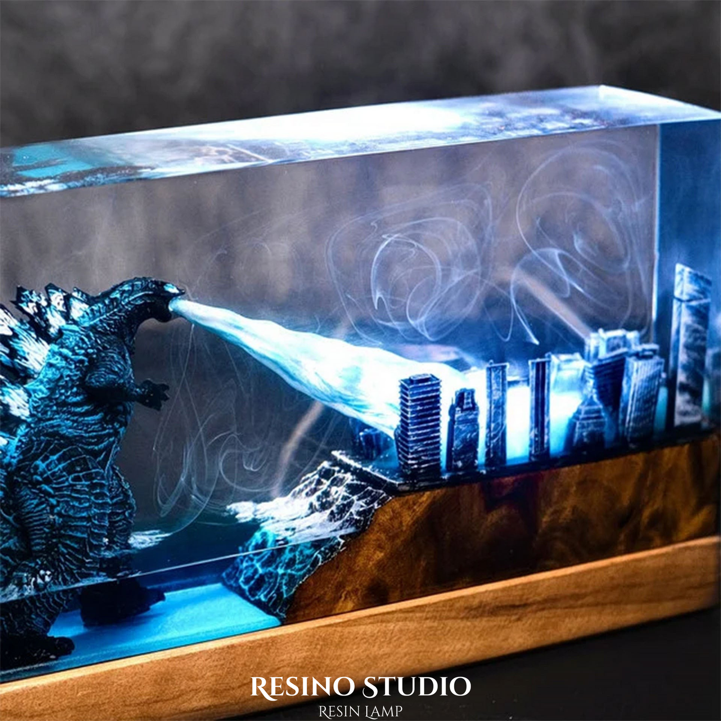 Godzilla City Rampage Resin Lamp, Wood Epoxy Night Light
