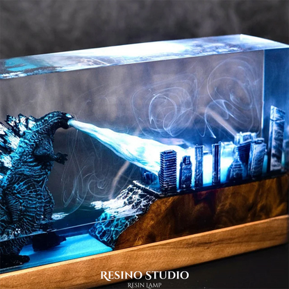 Godzilla City Rampage Resin Lamp, Wood Epoxy Night Light