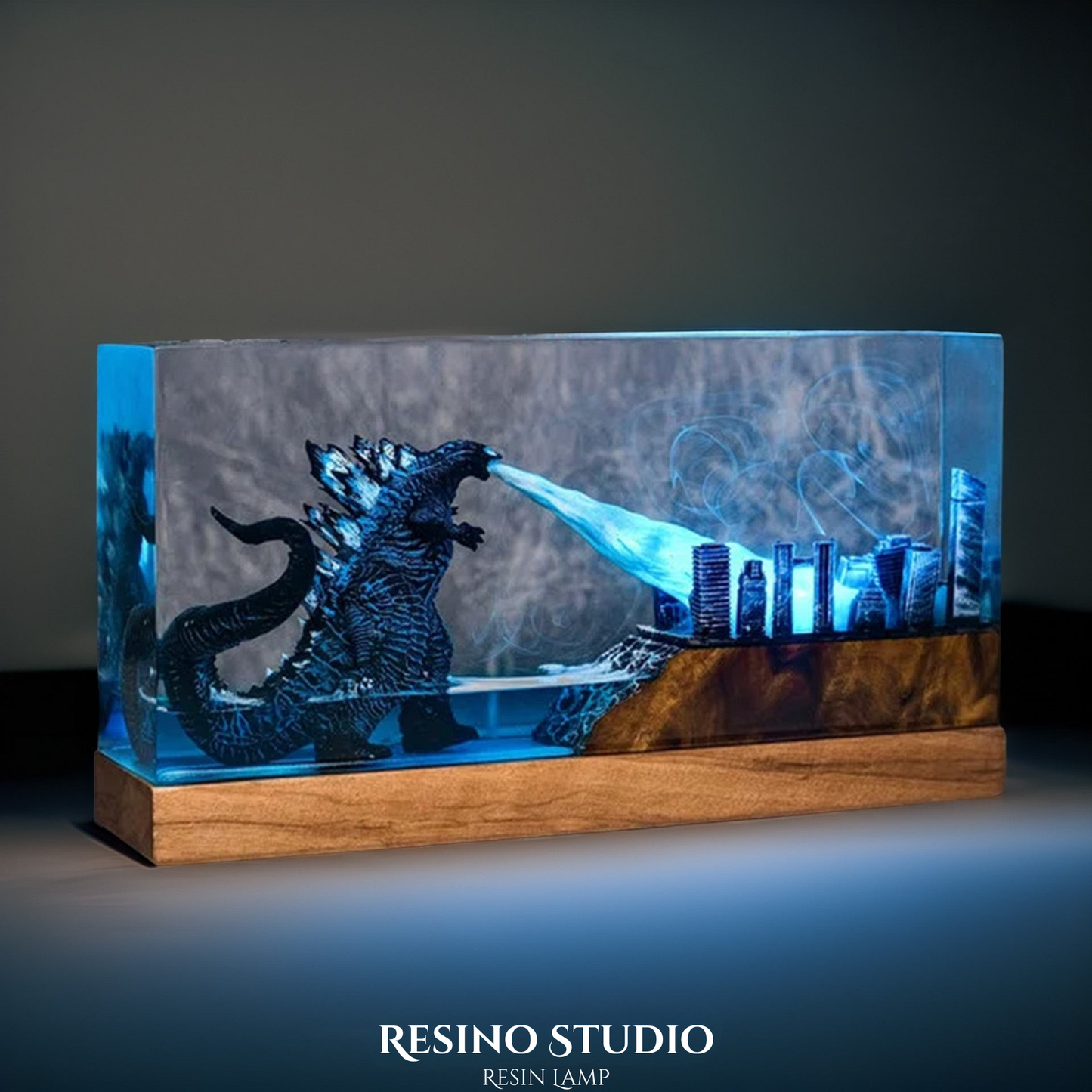 Godzilla City Rampage Resin Lamp, Wood Epoxy Night Light